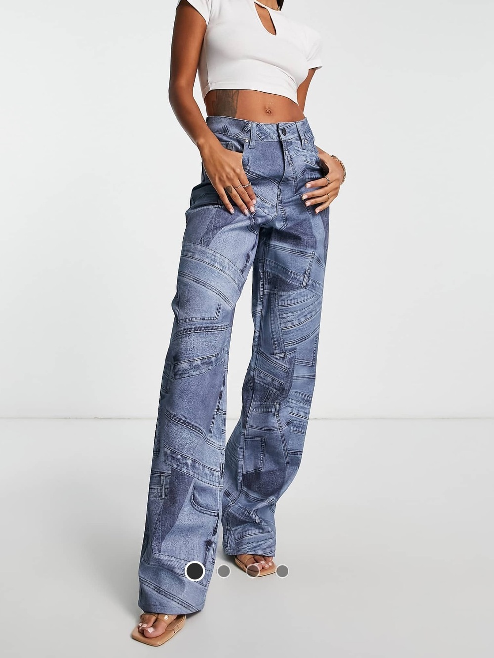 ASOS Blue Patchwork-Print Wide Leg Jeans